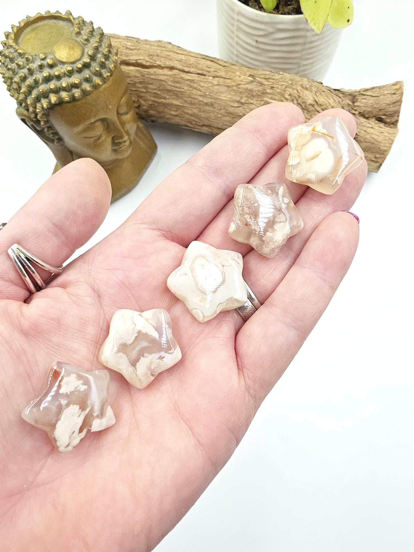 Mini Flower Agate (Sakura) Hearts and Stars – Growth, Confidence & Emotional Healing Crystal Carvings