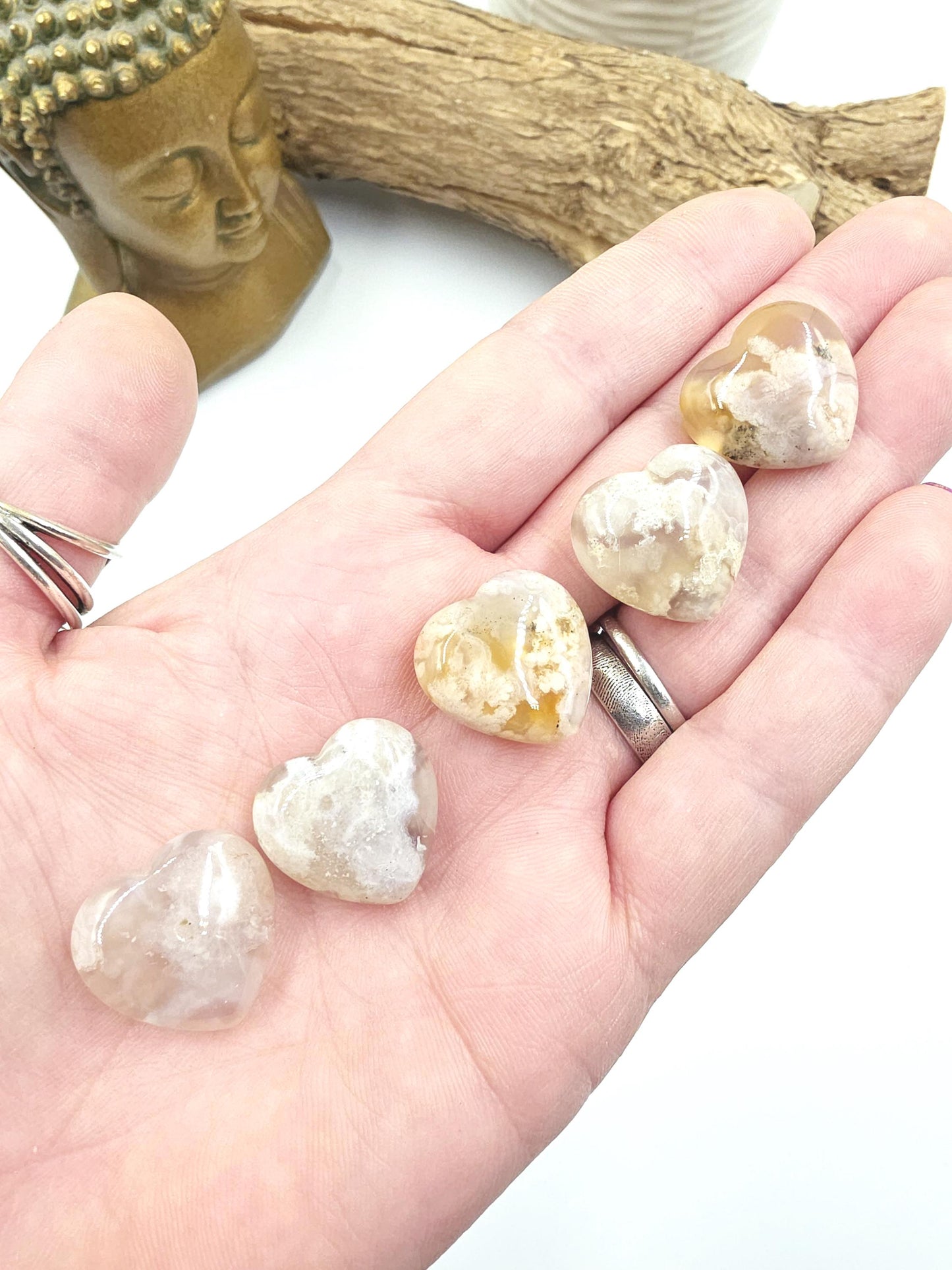 Mini Flower Agate (Sakura) Hearts and Stars – Growth, Confidence & Emotional Healing Crystal Carvings