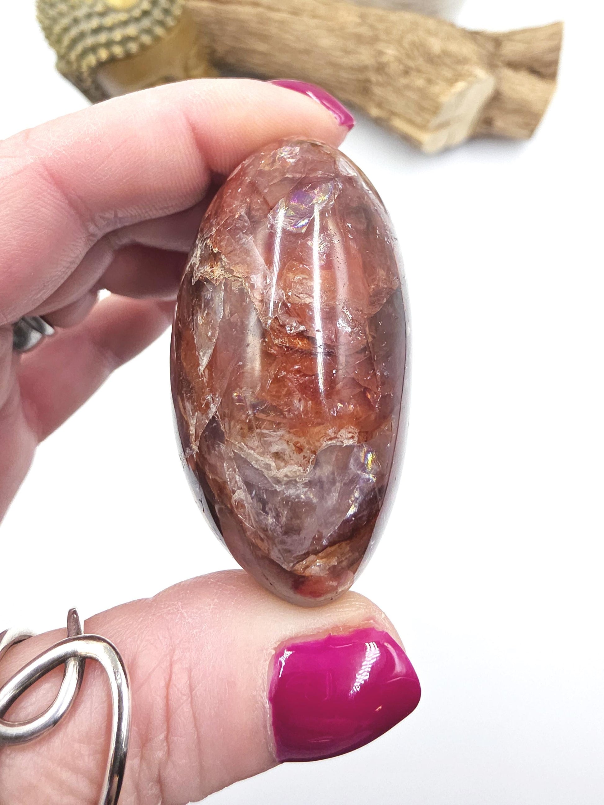 Fire Quartz (Hematoid) Palm Stone with lots of rainbow flashes - Grounding & Vitality Crystal - 120g