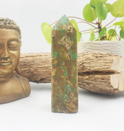 Prehnite and Agate Tower – Healing, Protection & Emotional Balance Crystal Point, 13.7cm