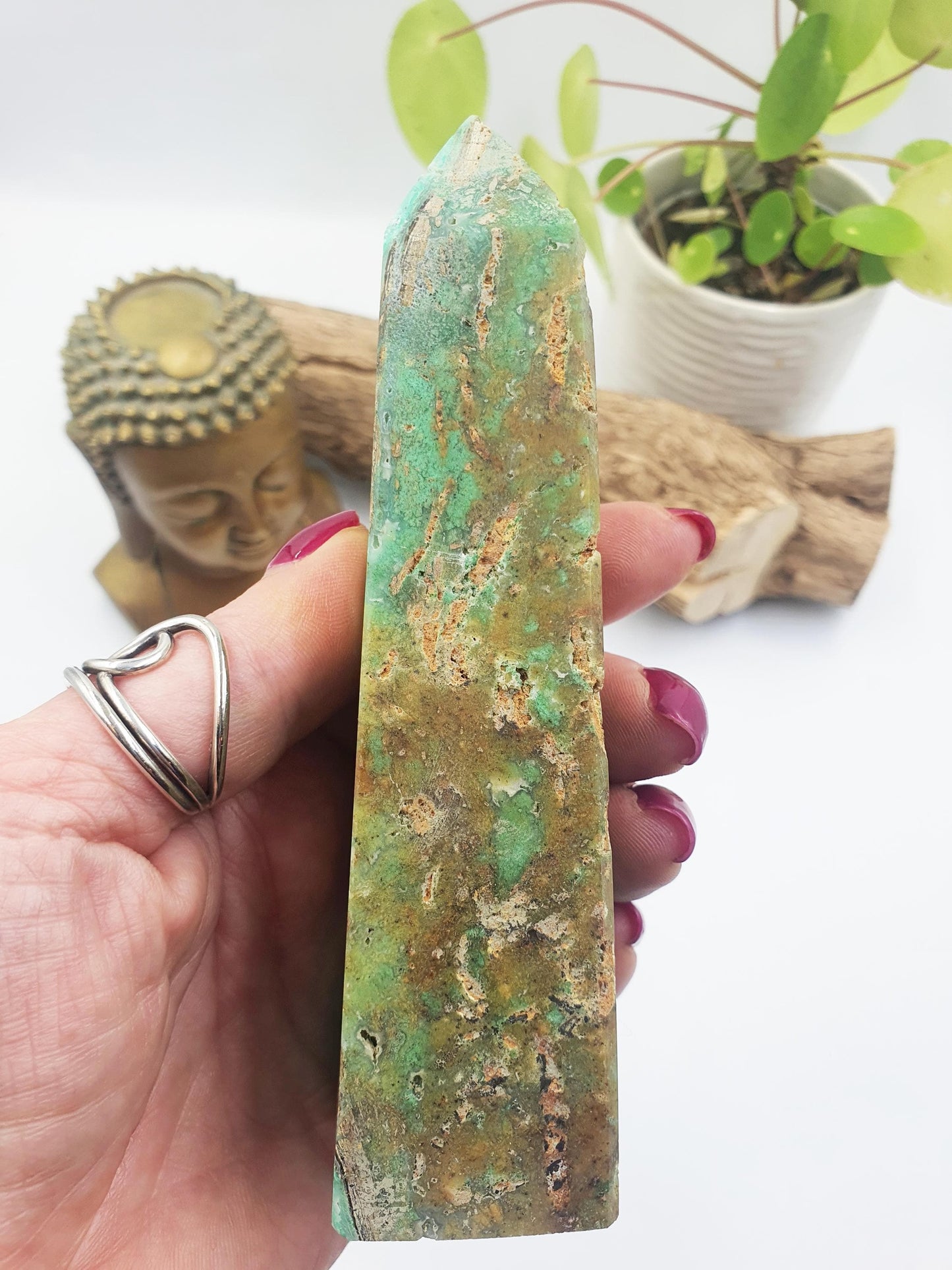 Prehnite and Agate Tower – Healing, Protection & Emotional Balance Crystal Point, 13.7cm