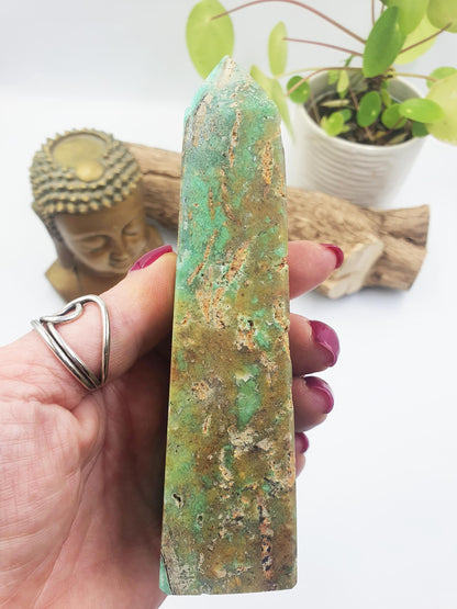 Prehnite and Agate Tower – Healing, Protection & Emotional Balance Crystal Point, 13.7cm
