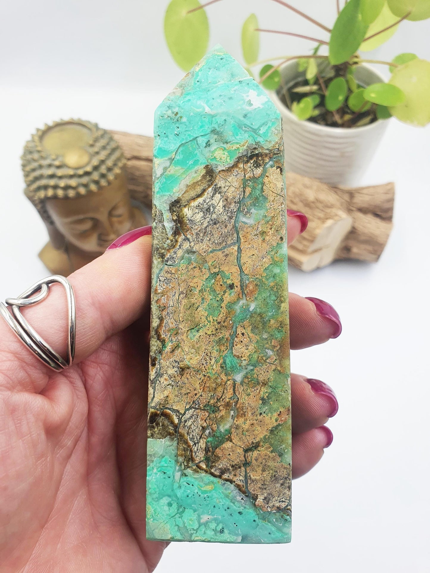 Prehnite and Agate Tower – Healing, Protection & Emotional Balance Crystal Point, 13.7cm