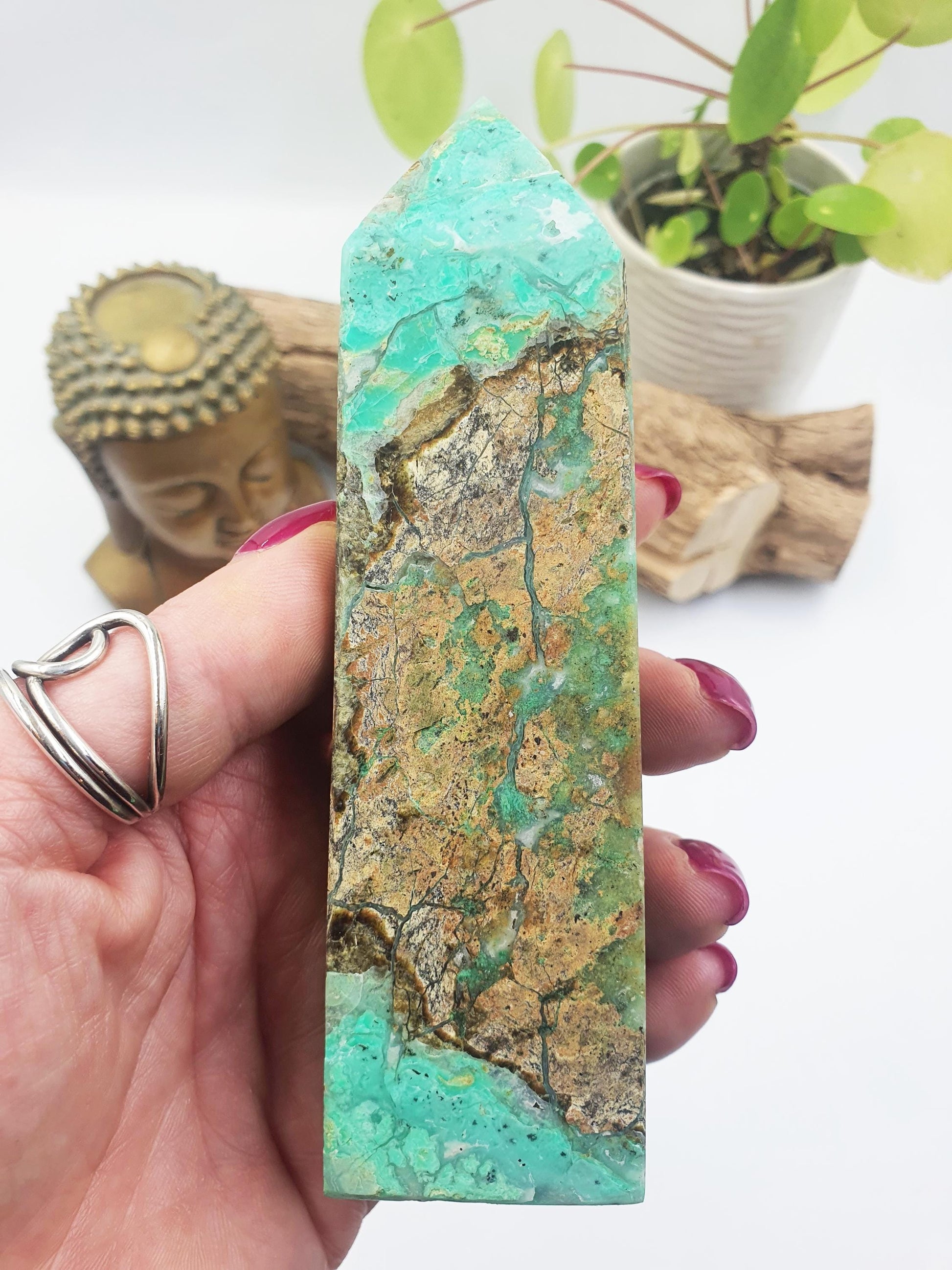 Prehnite and Agate Tower – Healing, Protection & Emotional Balance Crystal Point, 13.7cm