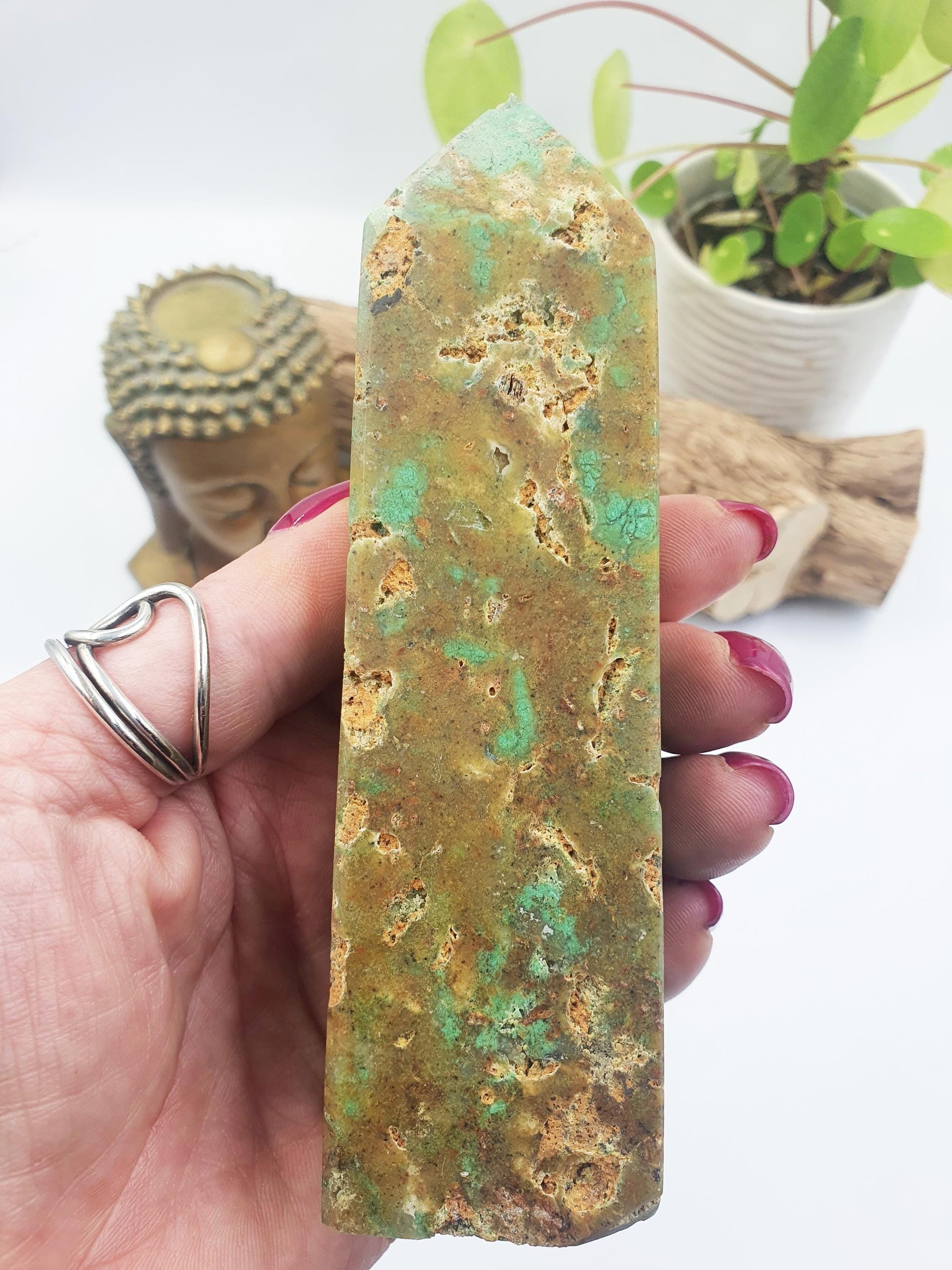Prehnite and Agate Tower – Healing, Protection & Emotional Balance Crystal Point, 13.7cm