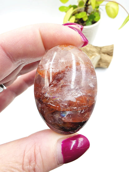 Fire Quartz (Hematoid) Palm Stone with rainbow flashes - Grounding & Vitality Crystal - 65g