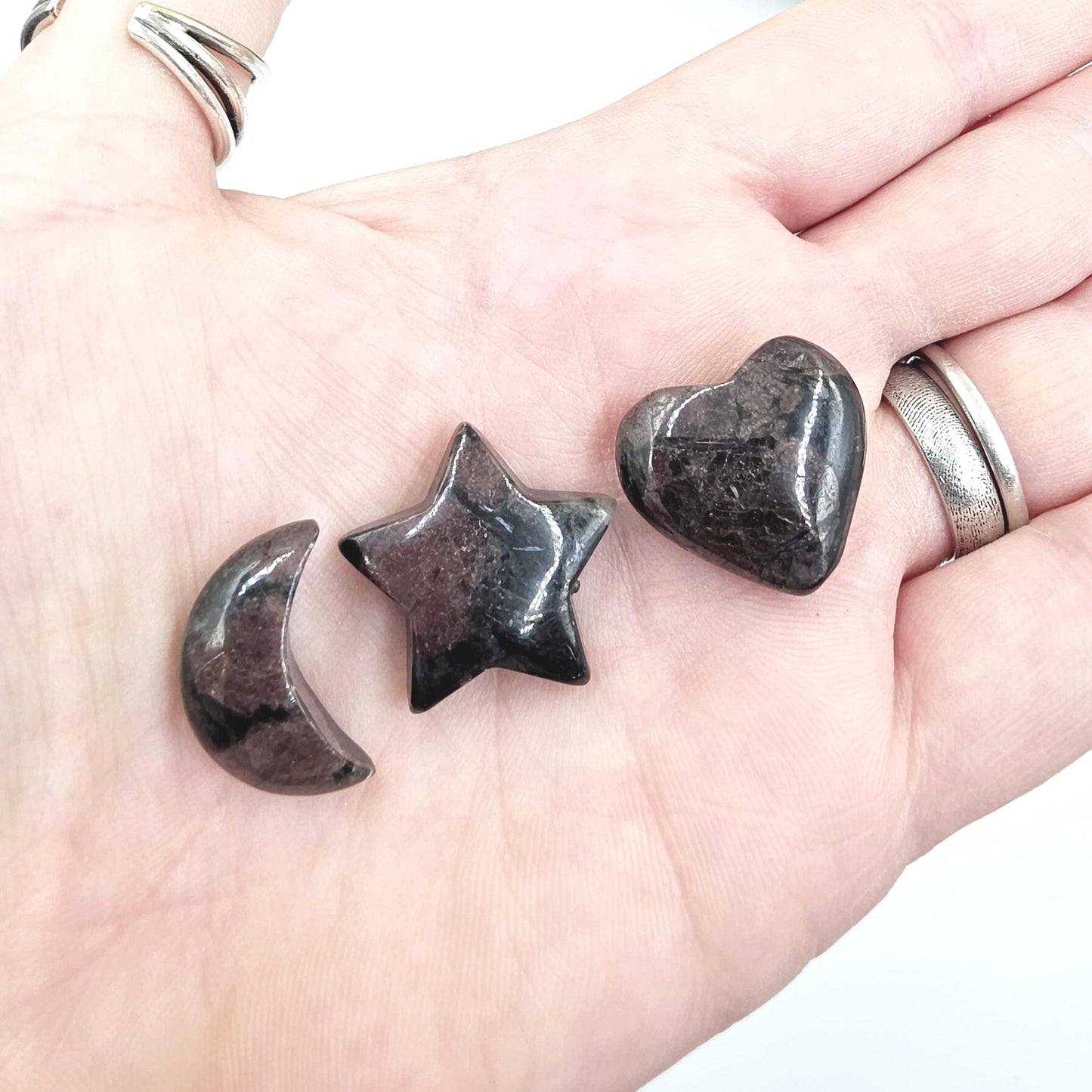 Mini Garnet Heart, Star and Moon Set – Strength, Passion & Protection Crystal Carving Trio