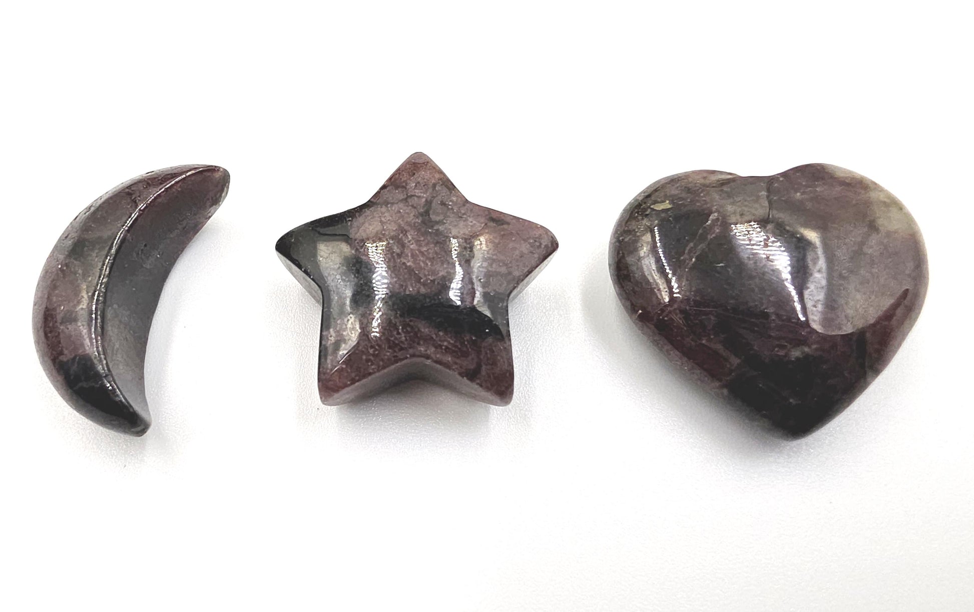 Mini Garnet Heart, Star and Moon Set – Strength, Passion & Protection Crystal Carving Trio