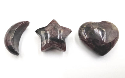 Mini Garnet Heart, Star and Moon Set – Strength, Passion & Protection Crystal Carving Trio