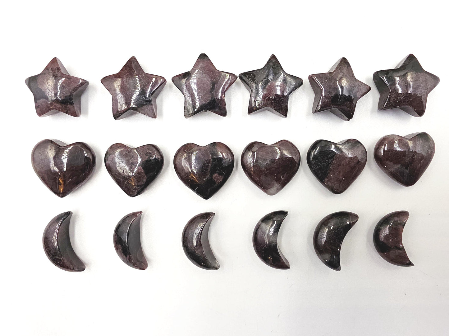 Mini Garnet Heart, Star and Moon Set – Strength, Passion & Protection Crystal Carving Trio