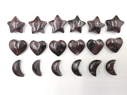 Mini Garnet Heart, Star and Moon Set – Strength, Passion & Protection Crystal Carving Trio