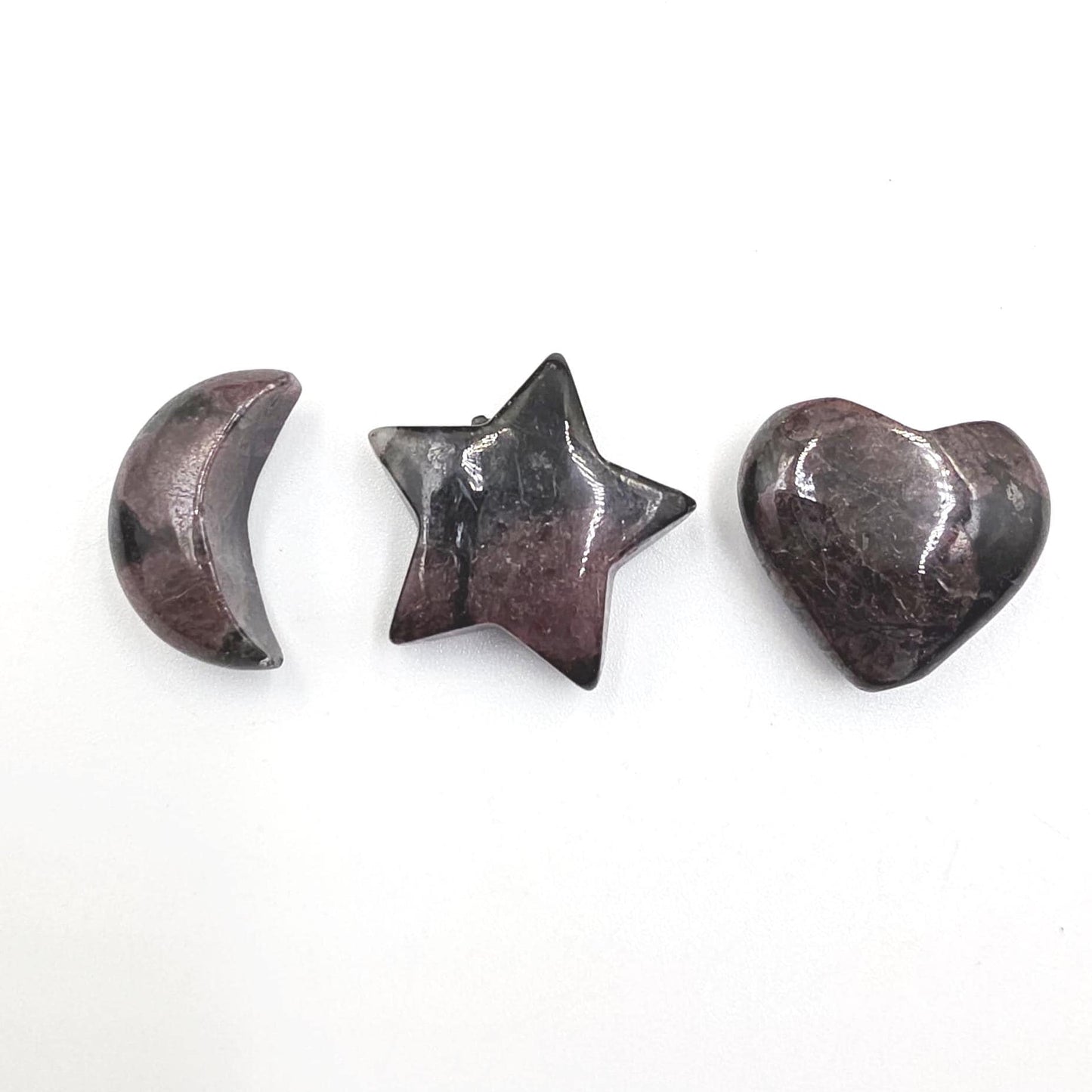 Mini Garnet Heart, Star and Moon Set – Strength, Passion & Protection Crystal Carving Trio