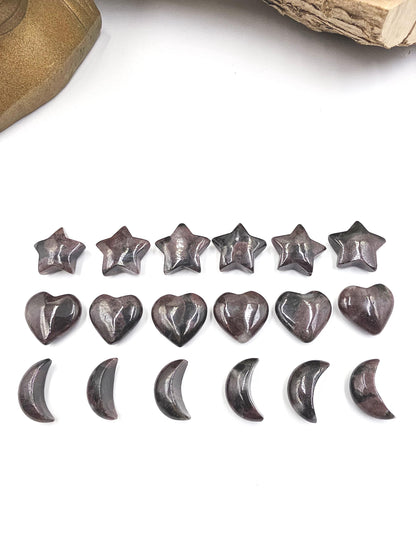Mini Garnet Heart, Star and Moon Set – Strength, Passion & Protection Crystal Carving Trio