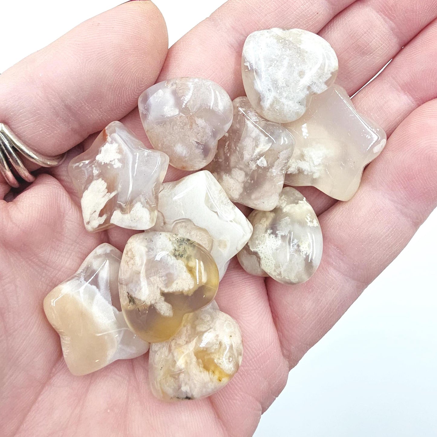 Mini Flower Agate (Sakura) Hearts and Stars – Growth, Confidence & Emotional Healing Crystal Carvings
