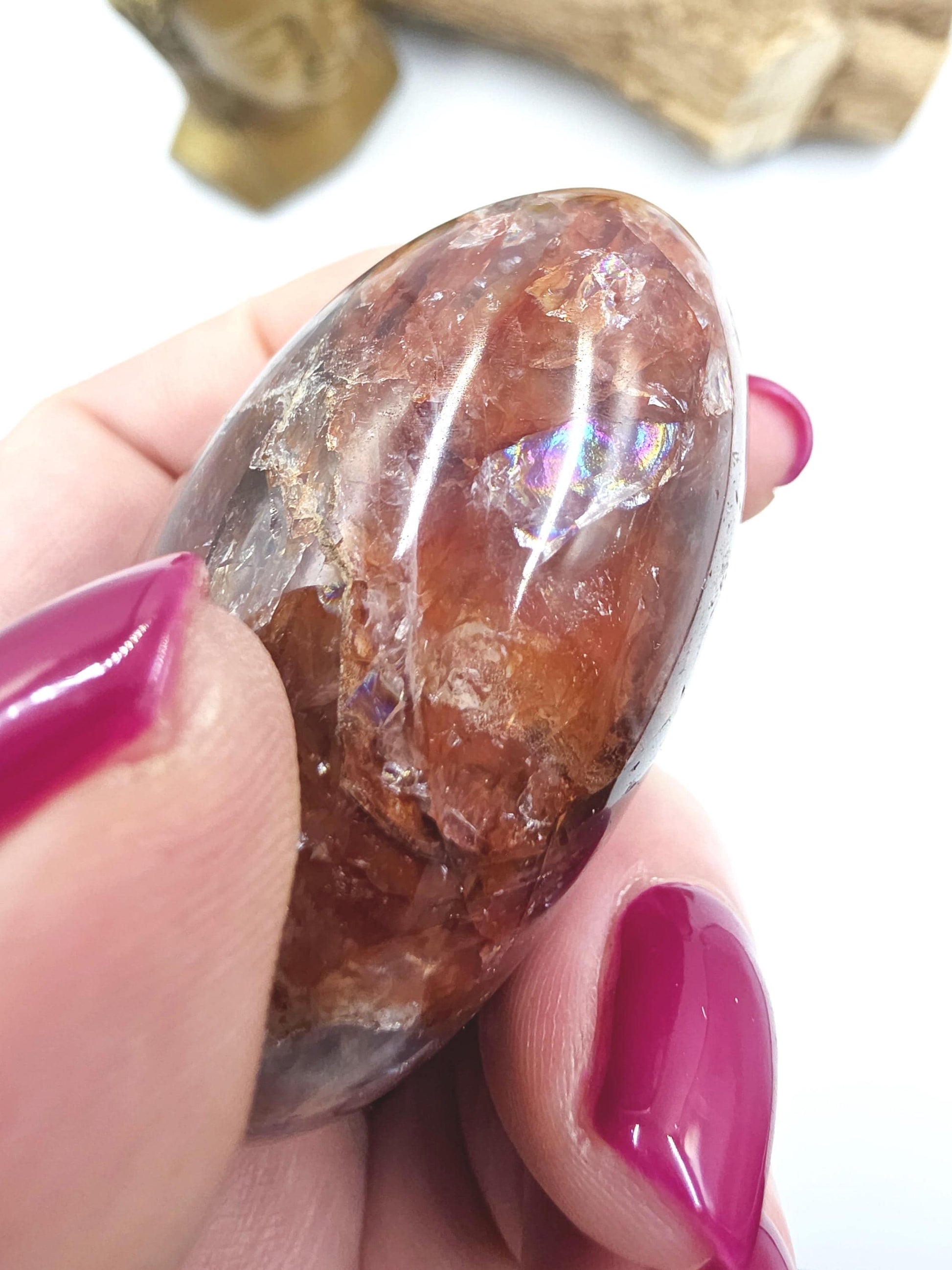 Fire Quartz (Hematoid) Palm Stone with lots of rainbow flashes - Grounding & Vitality Crystal - 120g