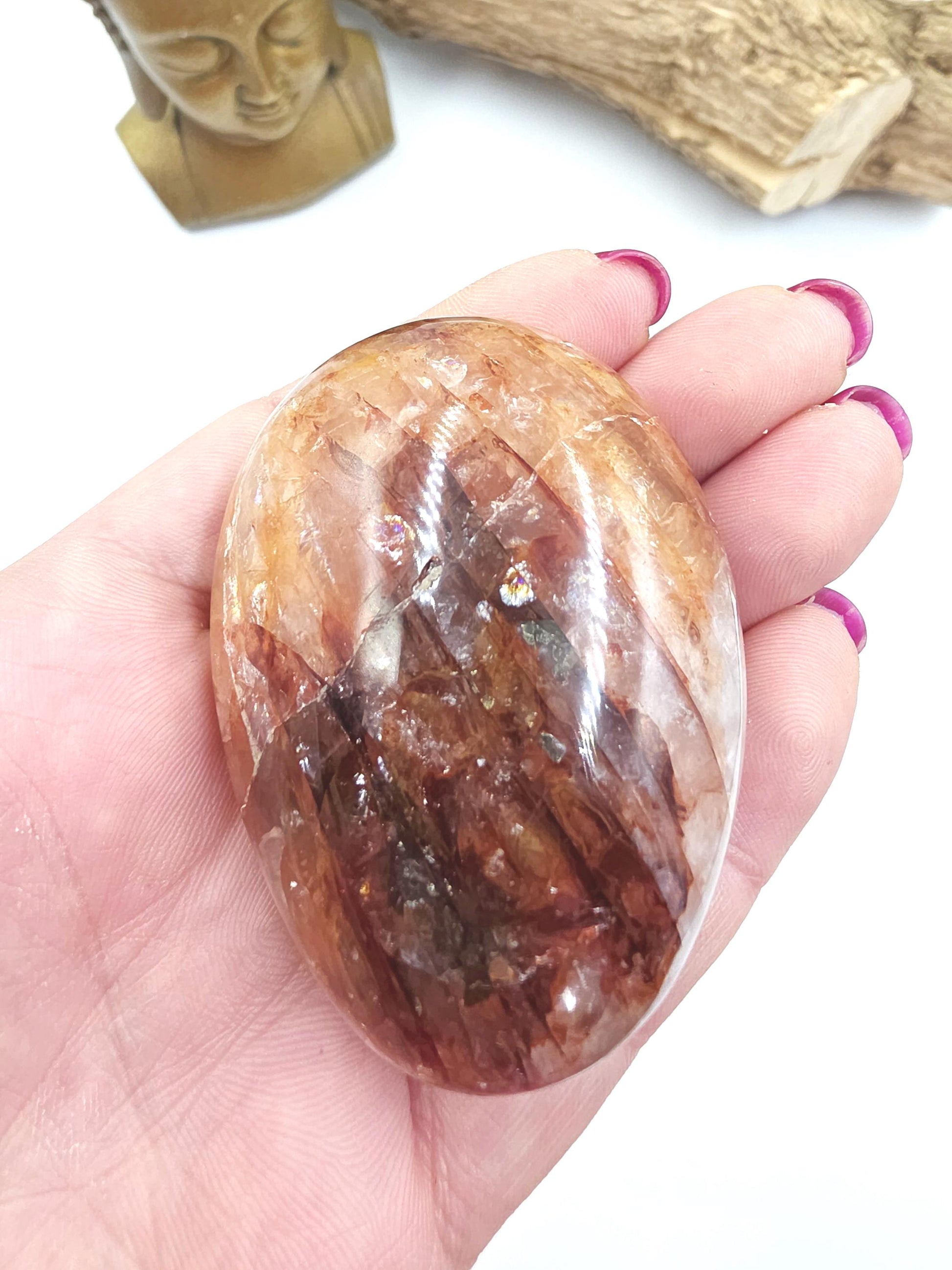 Large Fire Quartz (Hematoid) Palm Stone with rainbow flashes - Grounding & Vitality Crystal - 130g