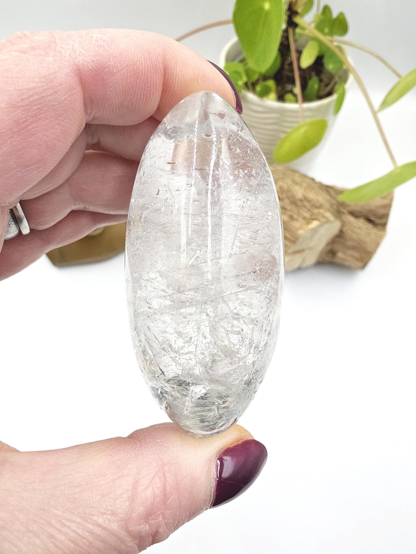 Large Clear Quartz Palm Stone with Garden and Rainbow Inclusions – Grounding, Manifestation & Clarity Crystal, 205g