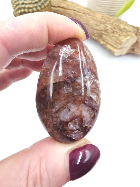 Teardrop Shaped Fire Quartz (Hematoid) Palm Stone with rainbow flashes - Grounding & Vitality Crystal - 55g