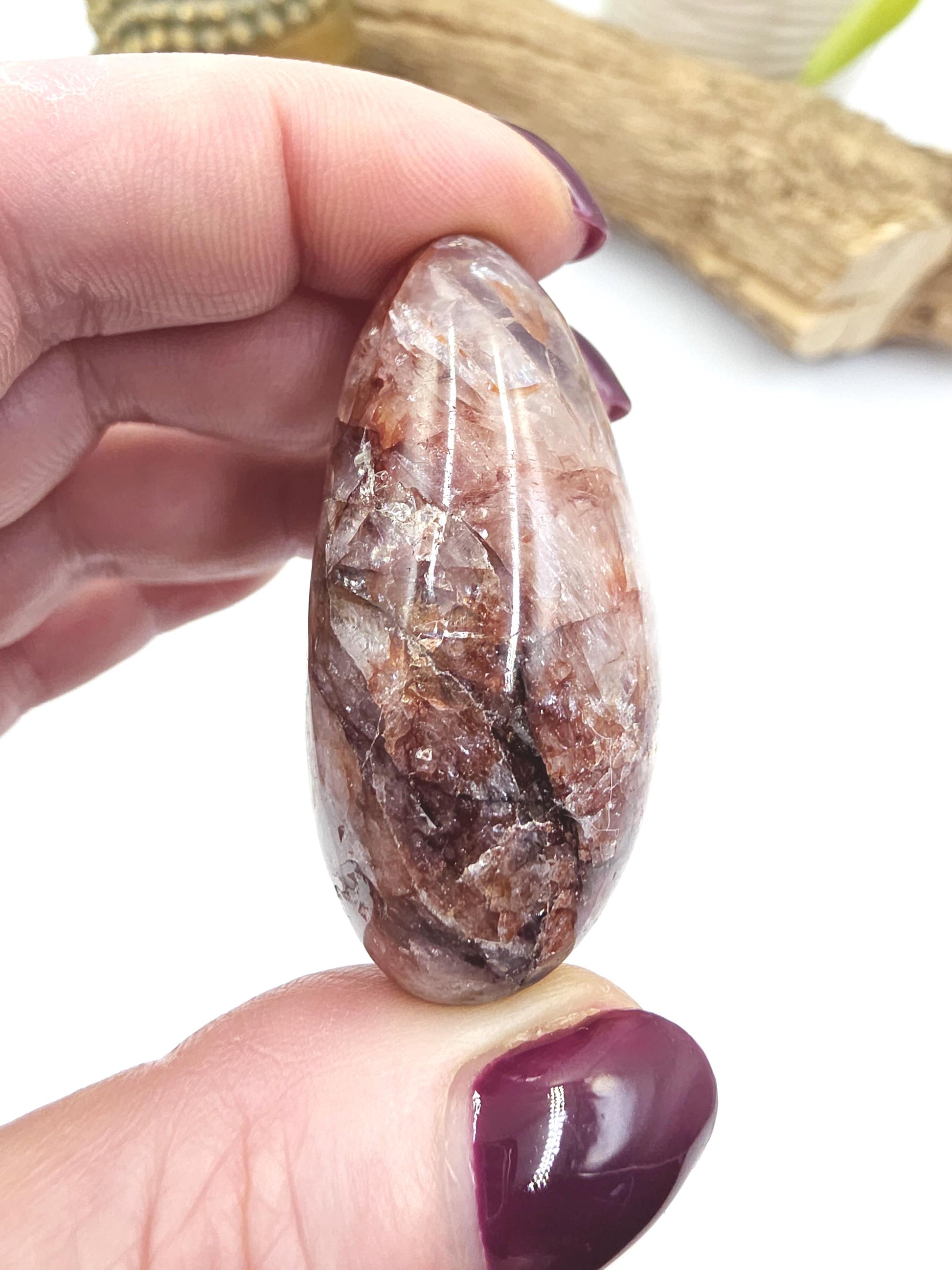 Teardrop Shaped Fire Quartz (Hematoid) Palm Stone with rainbow flashes - Grounding & Vitality Crystal - 55g