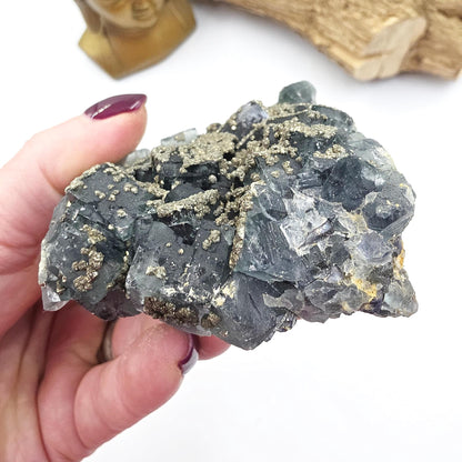 Raw Blue Fluorite with Pyrite Drusy – Focus, Protection & Confidence Crystal Specimen, 460g