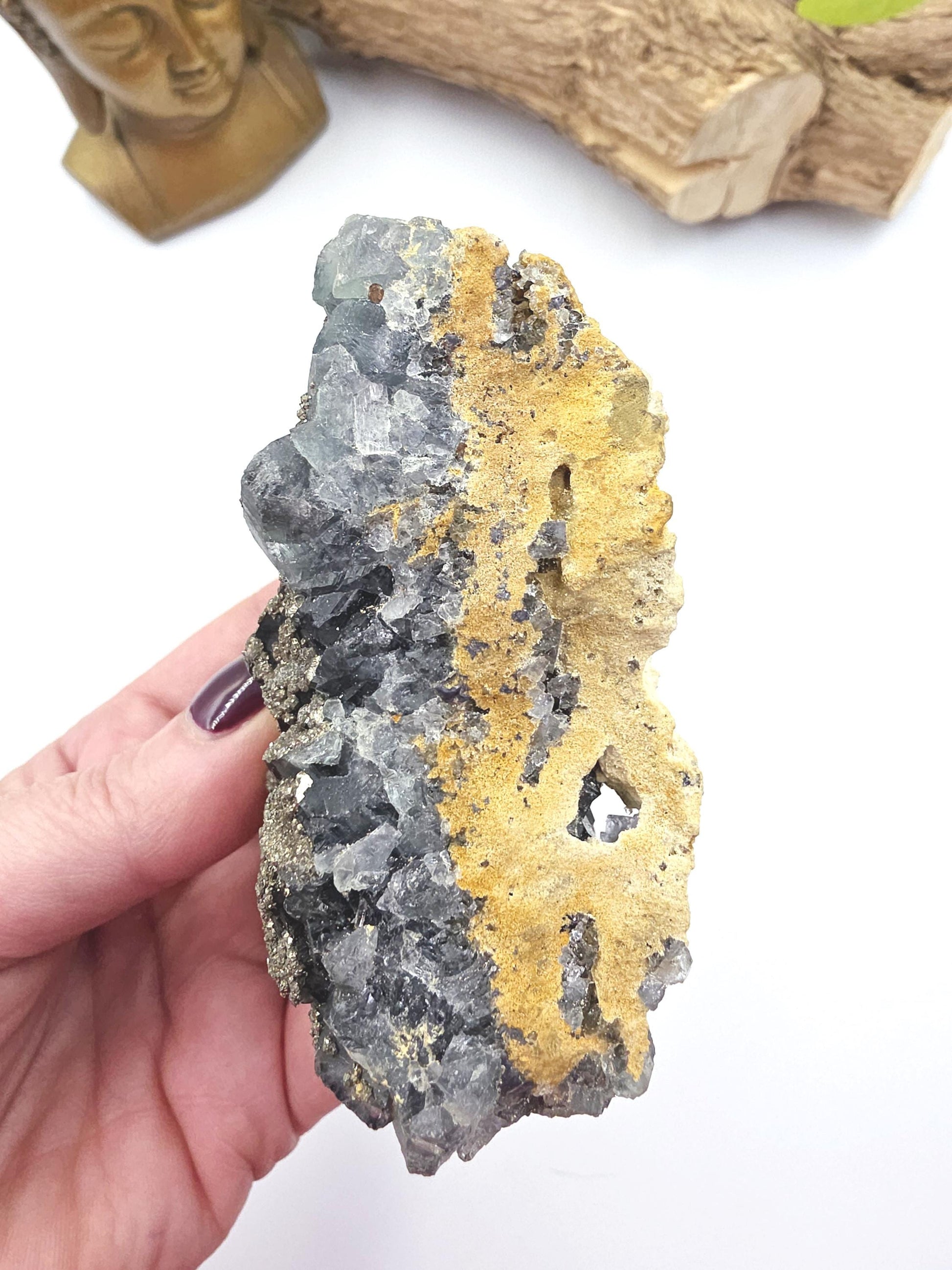 Raw Blue Fluorite with Pyrite Drusy – Focus, Protection & Confidence Crystal Specimen, 460g