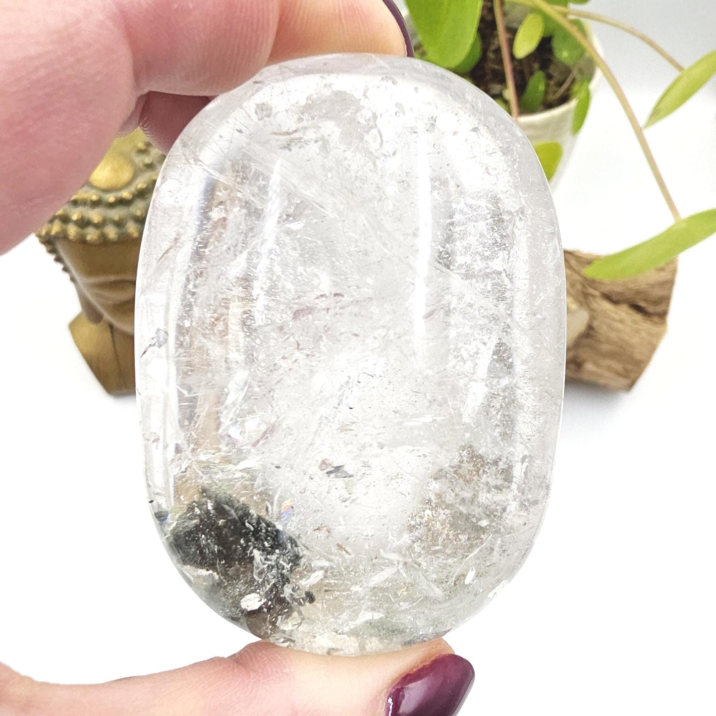 Large Clear Quartz Palm Stone with Garden and Rainbow Inclusions – Grounding, Manifestation & Clarity Crystal, 205g