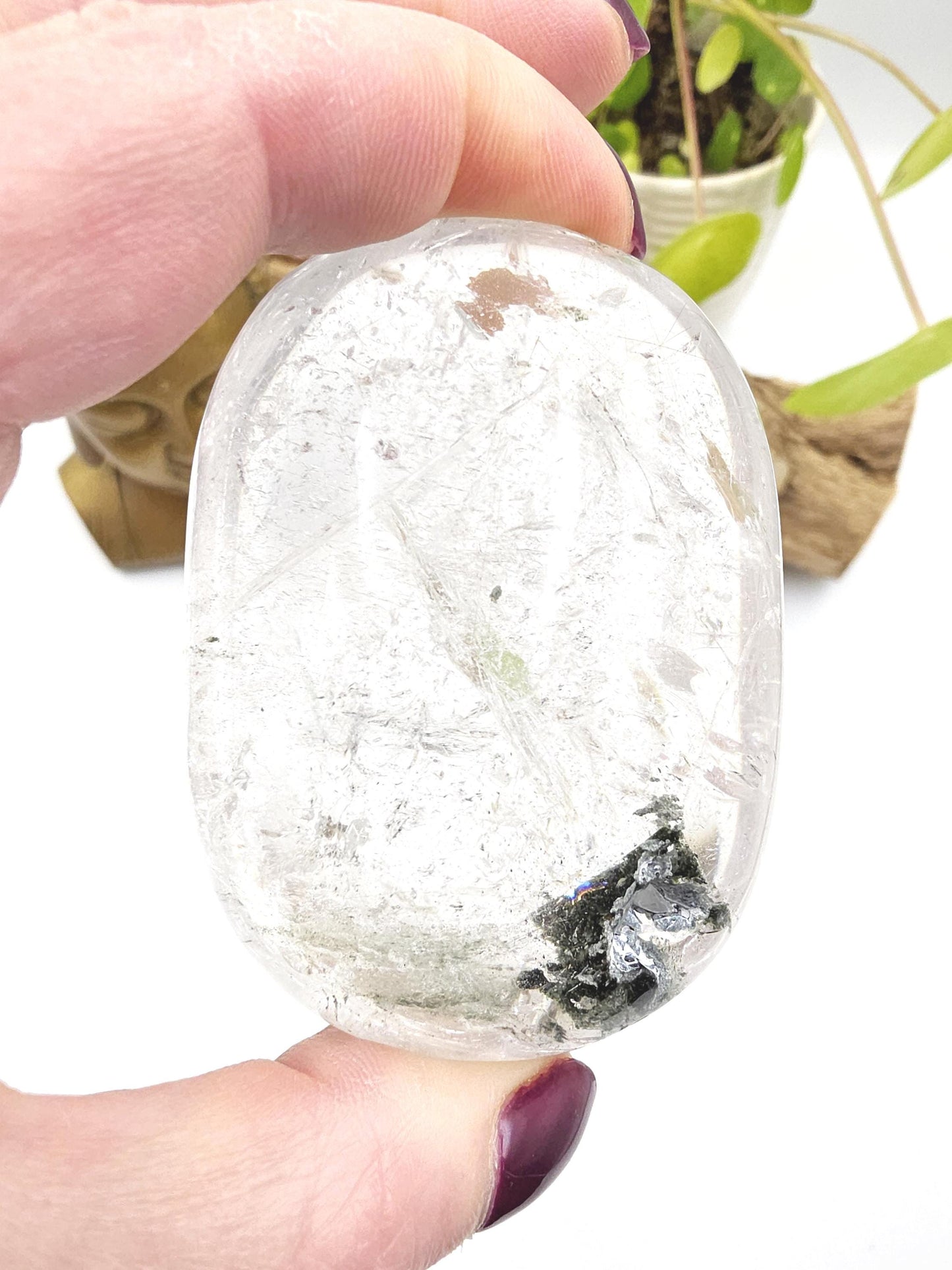 Large Clear Quartz Palm Stone with Garden and Rainbow Inclusions – Grounding, Manifestation & Clarity Crystal, 205g