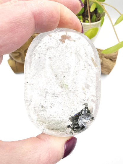 Large Clear Quartz Palm Stone with Garden and Rainbow Inclusions – Grounding, Manifestation & Clarity Crystal, 205g
