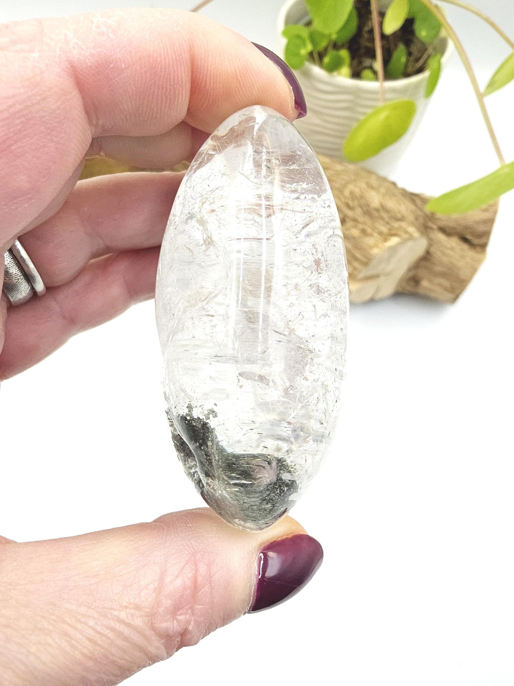 Large Clear Quartz Palm Stone with Garden and Rainbow Inclusions – Grounding, Manifestation & Clarity Crystal, 205g