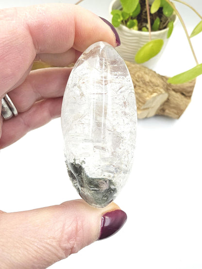 Large Clear Quartz Palm Stone with Garden and Rainbow Inclusions – Grounding, Manifestation & Clarity Crystal, 205g