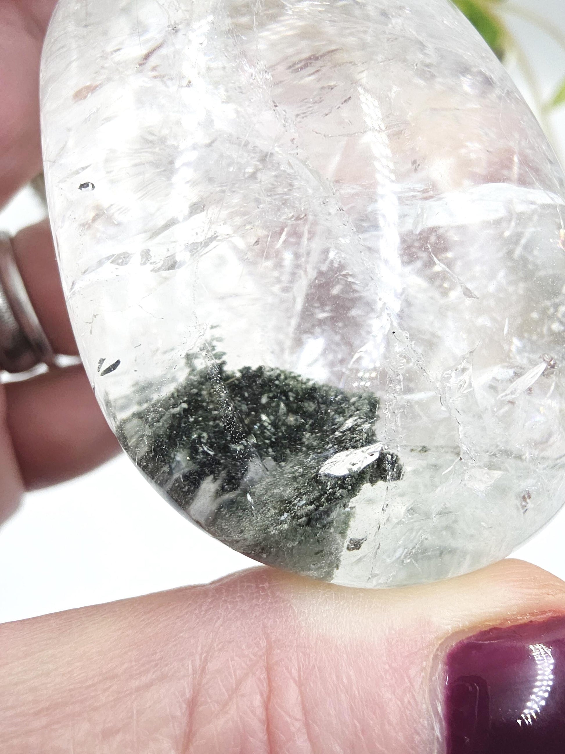 Large Clear Quartz Palm Stone with Garden and Rainbow Inclusions – Grounding, Manifestation & Clarity Crystal, 205g
