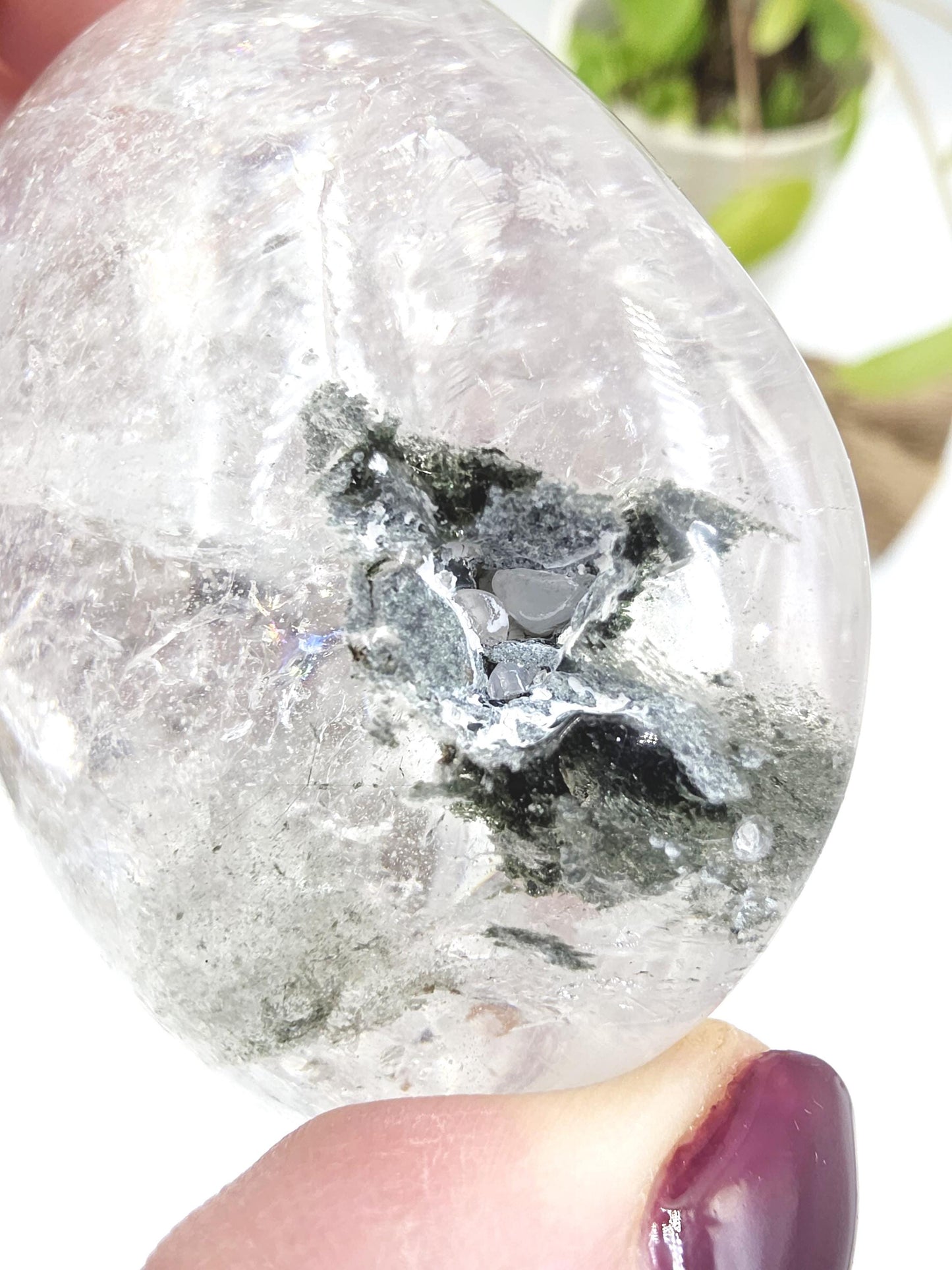 Large Clear Quartz Palm Stone with Garden and Rainbow Inclusions – Grounding, Manifestation & Clarity Crystal, 205g