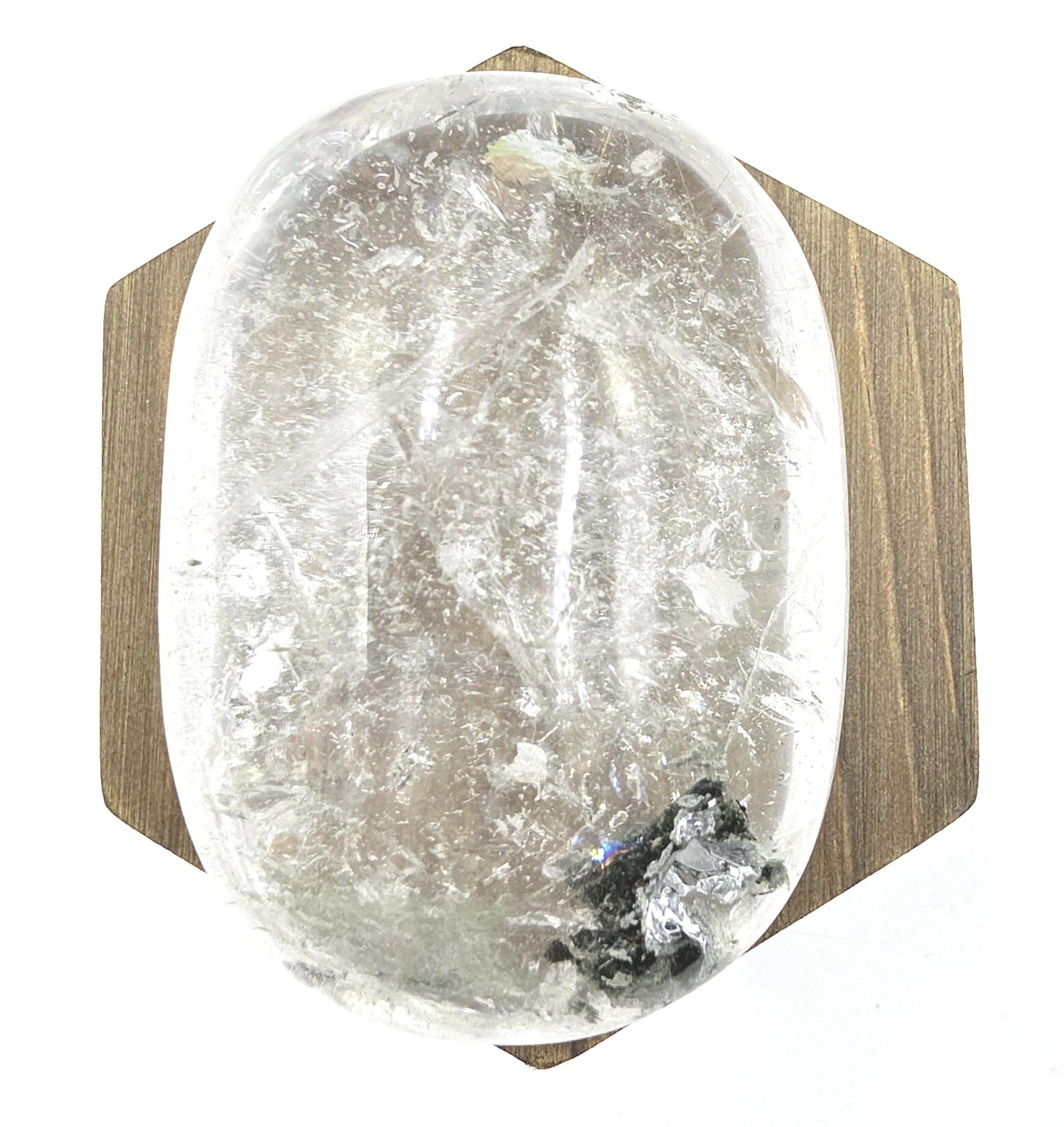 Large Clear Quartz Palm Stone with Garden and Rainbow Inclusions – Grounding, Manifestation & Clarity Crystal, 205g