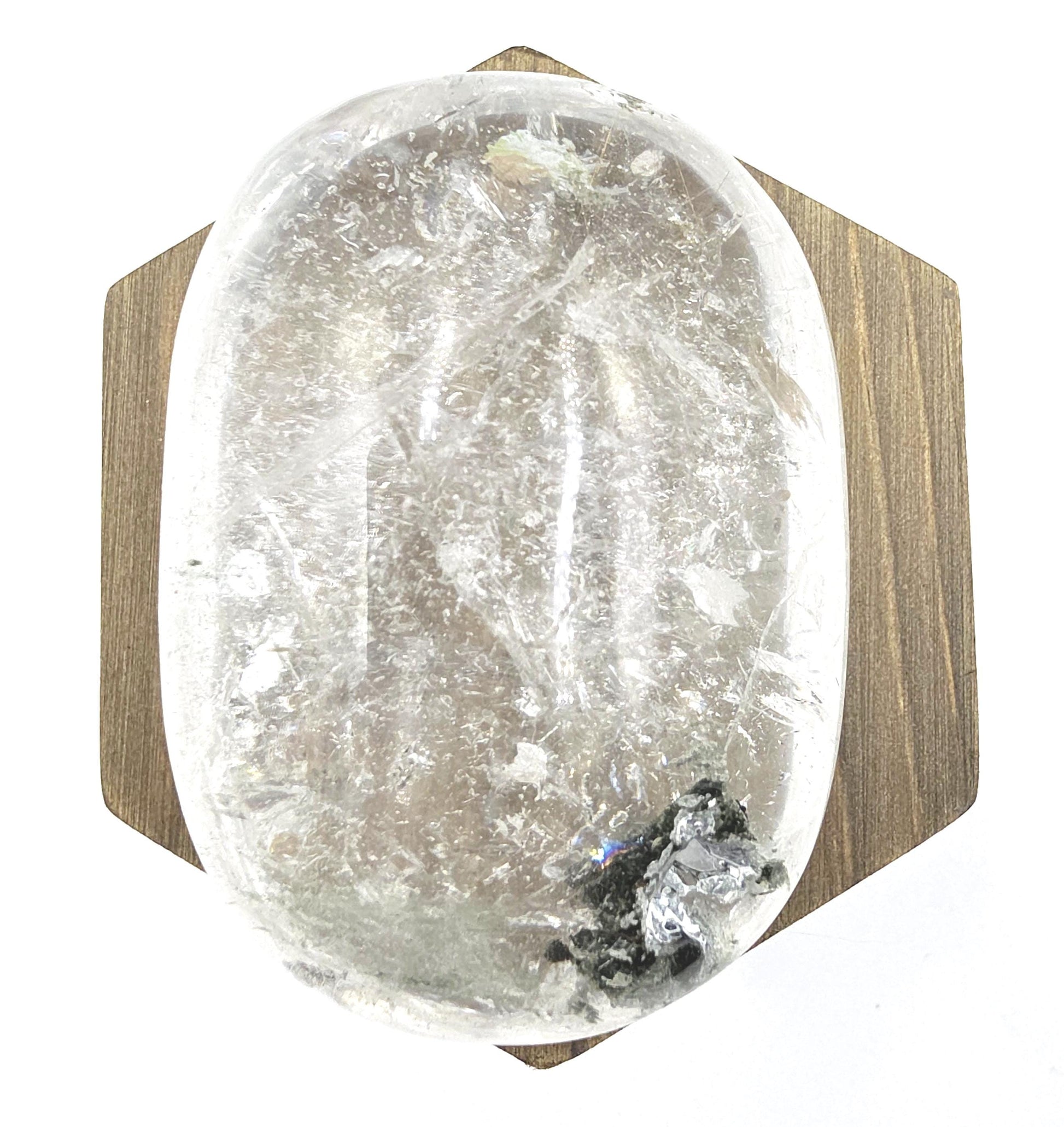 Large Clear Quartz Palm Stone with Garden and Rainbow Inclusions – Grounding, Manifestation & Clarity Crystal, 205g