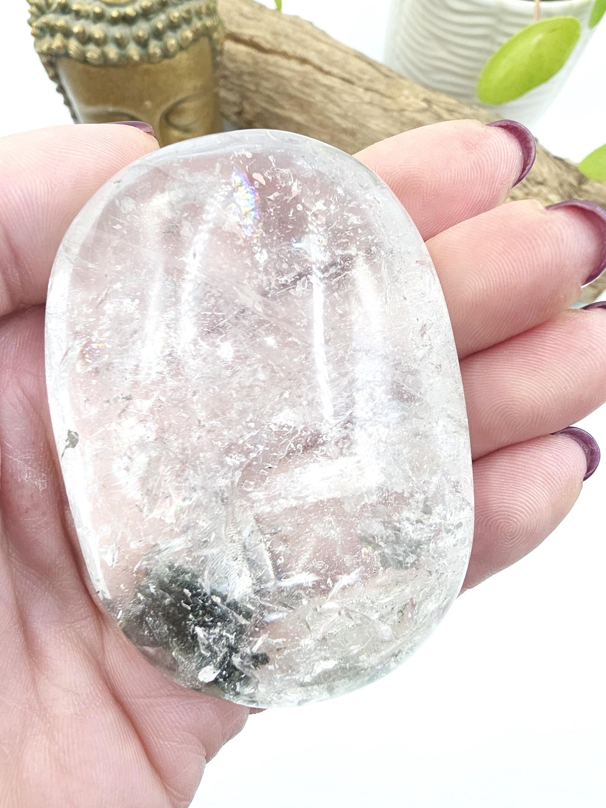 Large Clear Quartz Palm Stone with Garden and Rainbow Inclusions – Grounding, Manifestation & Clarity Crystal, 205g