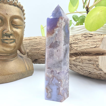 Blue Flower Agate (Sakura) Tower – Calm Growth, Emotional Healing & Gentle Motivation Crystal, 145g