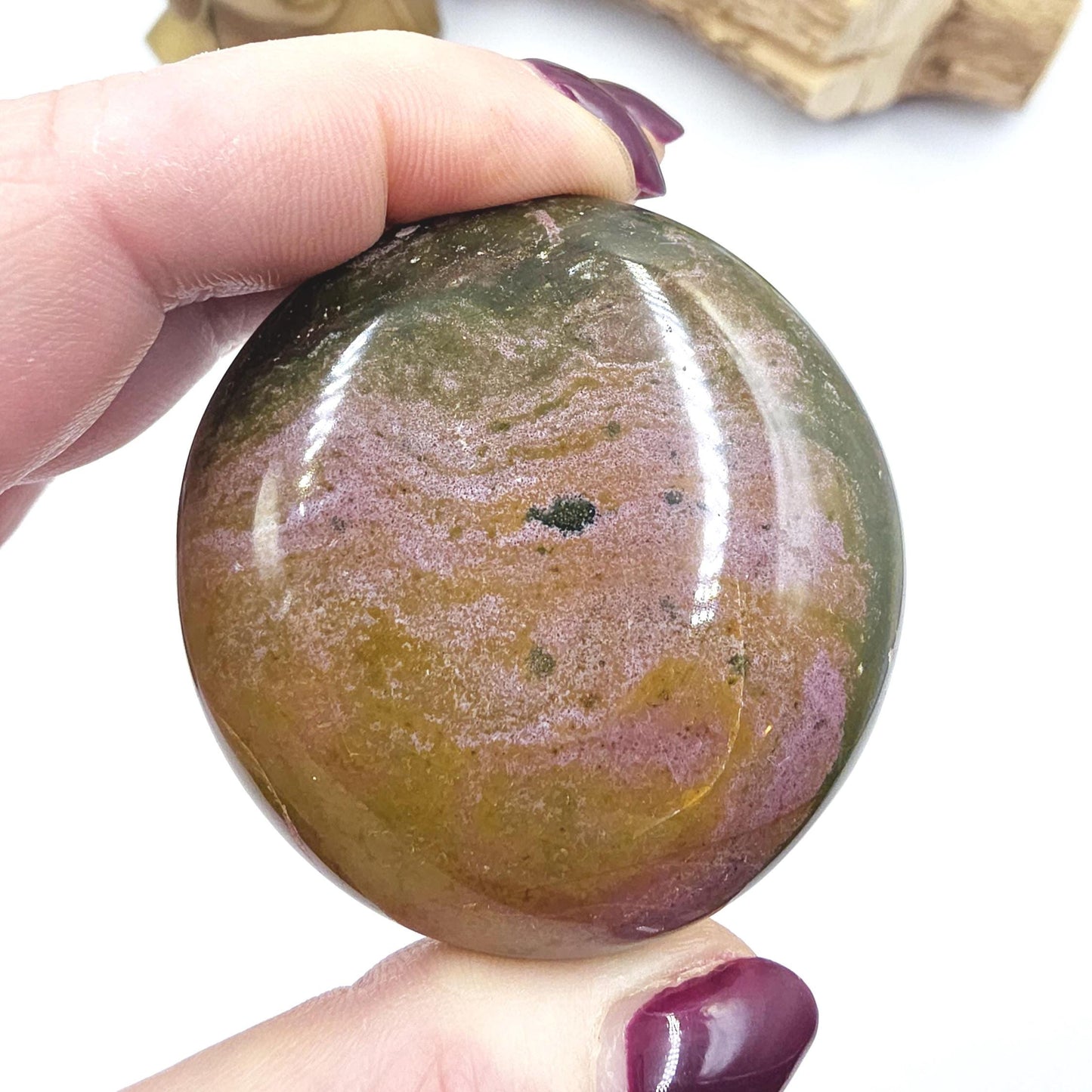 Large Round Ocean Jasper Palm Stone – Emotional Balance, Nurturing & Earth–Ocean Healing Crystal, 120g