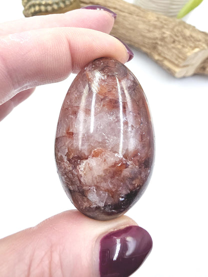 Teardrop Shaped Fire Quartz (Hematoid) Palm Stone with rainbow flashes - Grounding & Vitality Crystal - 55g