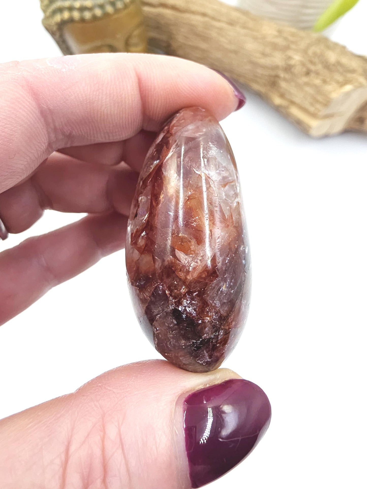 Teardrop Shaped Fire Quartz (Hematoid) Palm Stone with rainbow flashes - Grounding & Vitality Crystal - 55g