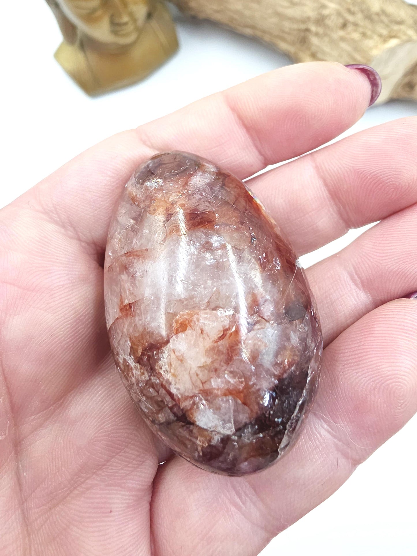 Teardrop Shaped Fire Quartz (Hematoid) Palm Stone with rainbow flashes - Grounding & Vitality Crystal - 55g