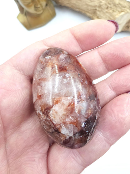 Teardrop Shaped Fire Quartz (Hematoid) Palm Stone with rainbow flashes - Grounding & Vitality Crystal - 55g