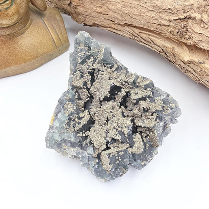 Raw Blue Fluorite with Pyrite Drusy – Focus, Protection & Confidence Crystal Specimen, 460g
