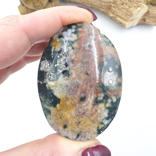 Orbicular Ocean Jasper Palm Stone with Natural Pockets – Joy, Emotional Healing & Nurturing Support Crystal, 80g