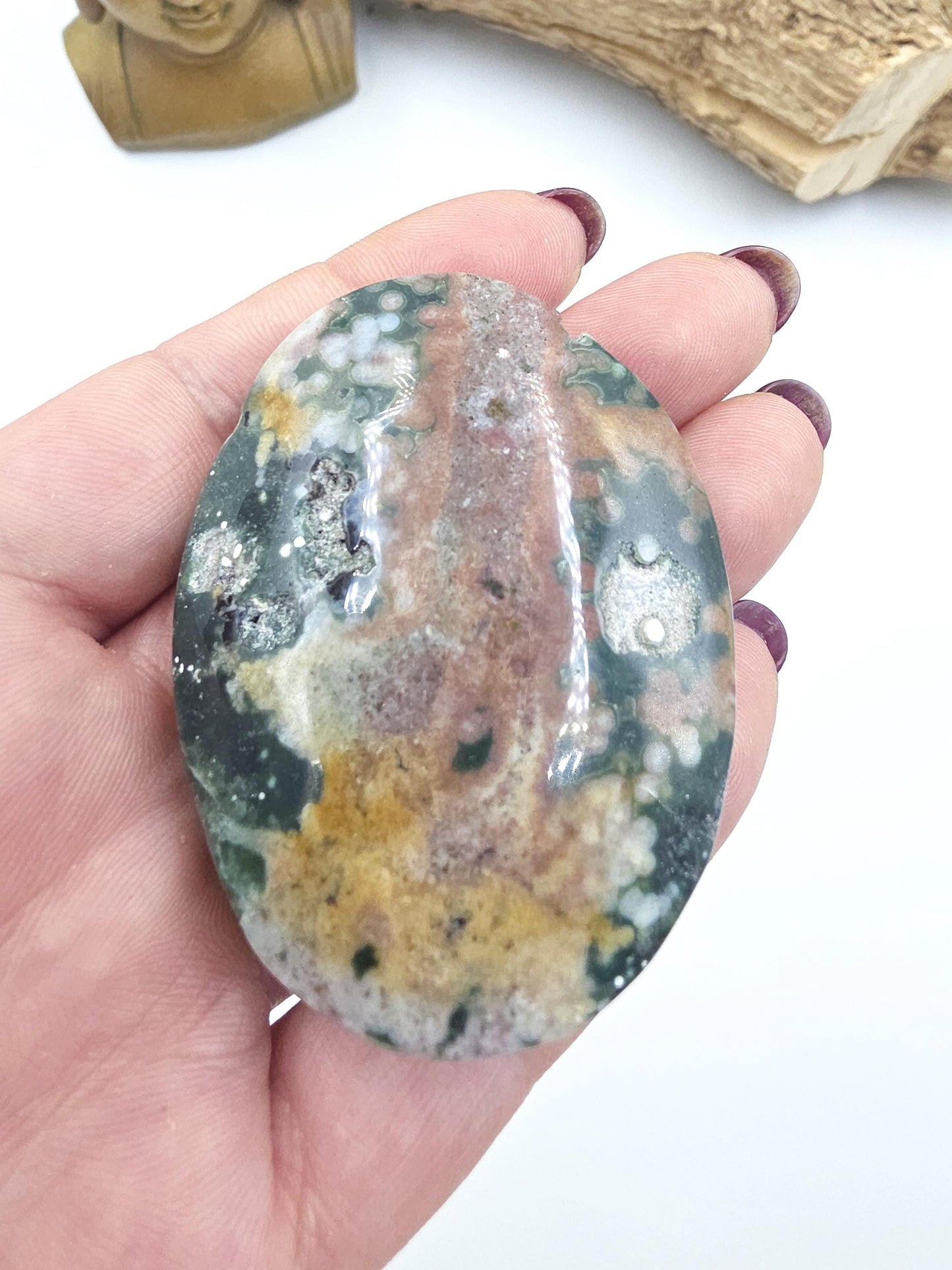Orbicular Ocean Jasper Palm Stone with Natural Pockets – Joy, Emotional Healing & Nurturing Support Crystal, 80g