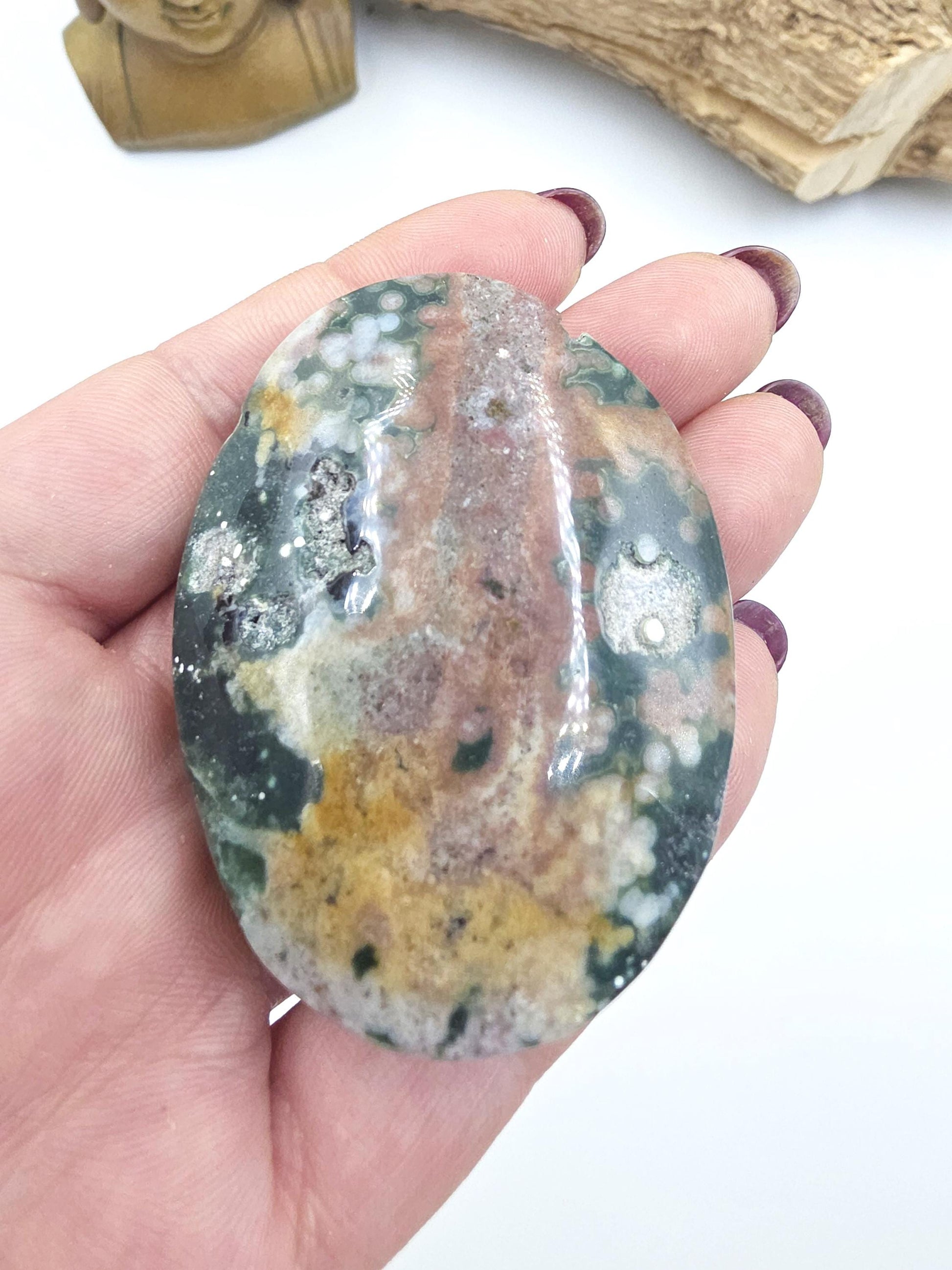 Orbicular Ocean Jasper Palm Stone with Natural Pockets – Joy, Emotional Healing & Nurturing Support Crystal, 80g