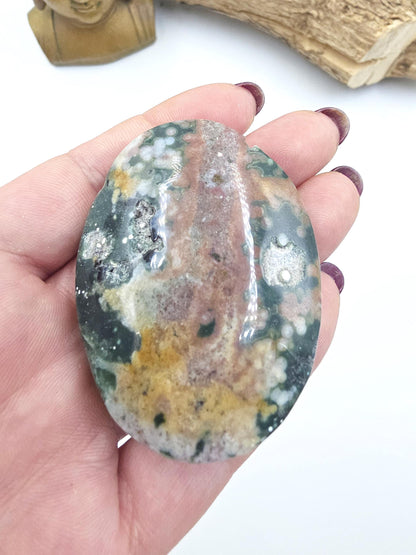 Orbicular Ocean Jasper Palm Stone with Natural Pockets – Joy, Emotional Healing & Nurturing Support Crystal, 80g