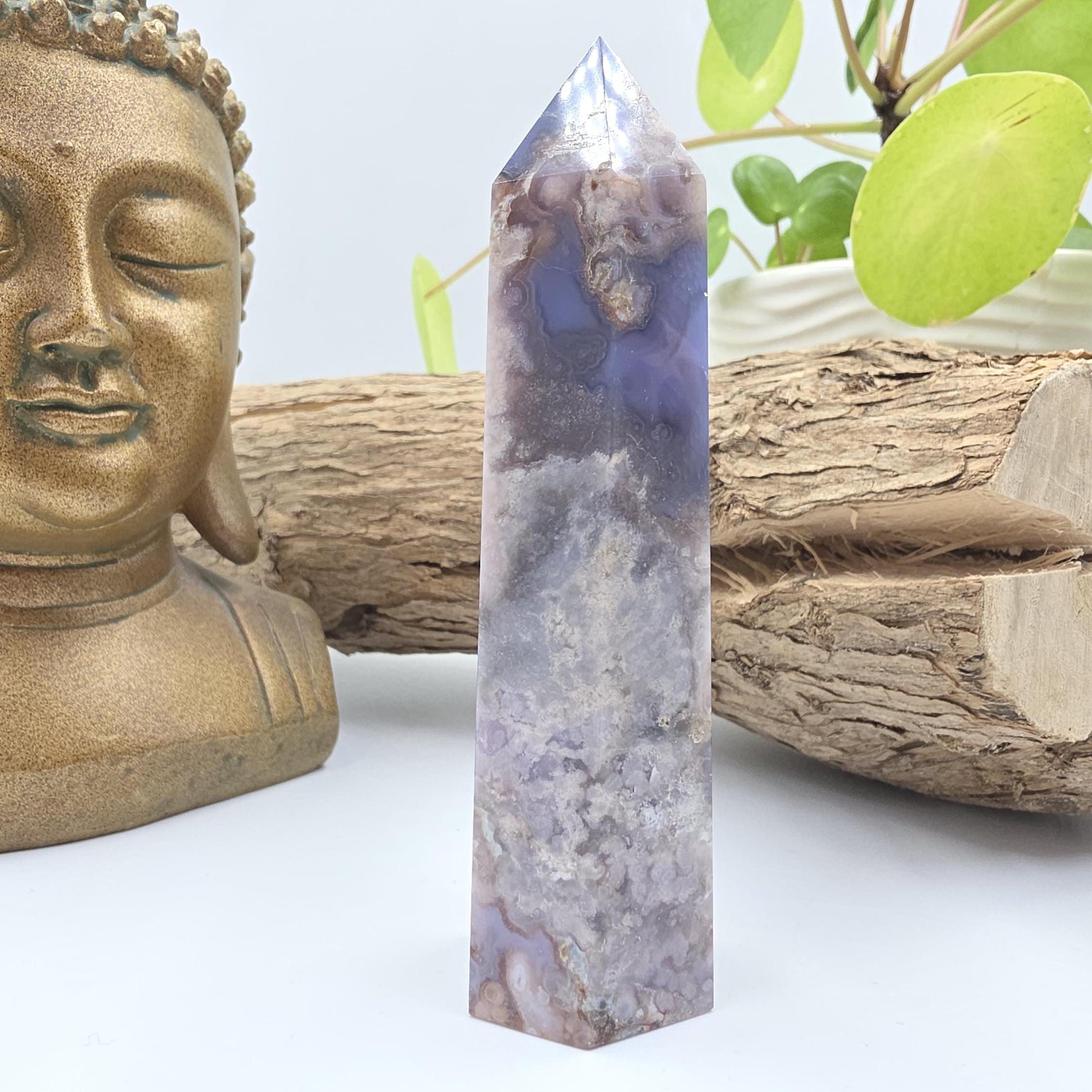 Blue Flower Agate (Sakura) Tower – Calm Growth, Emotional Healing & Gentle Motivation Crystal, 145g