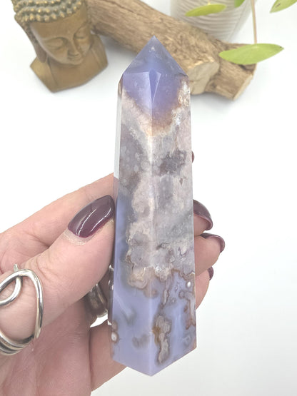 Blue Flower Agate (Sakura) Tower – Calm Growth, Emotional Healing & Gentle Motivation Crystal, 145g