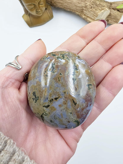 Large Ocean Jasper Palm Stone – Emotional Balance, Nurturing & Earth–Ocean Healing Crystal, 155g
