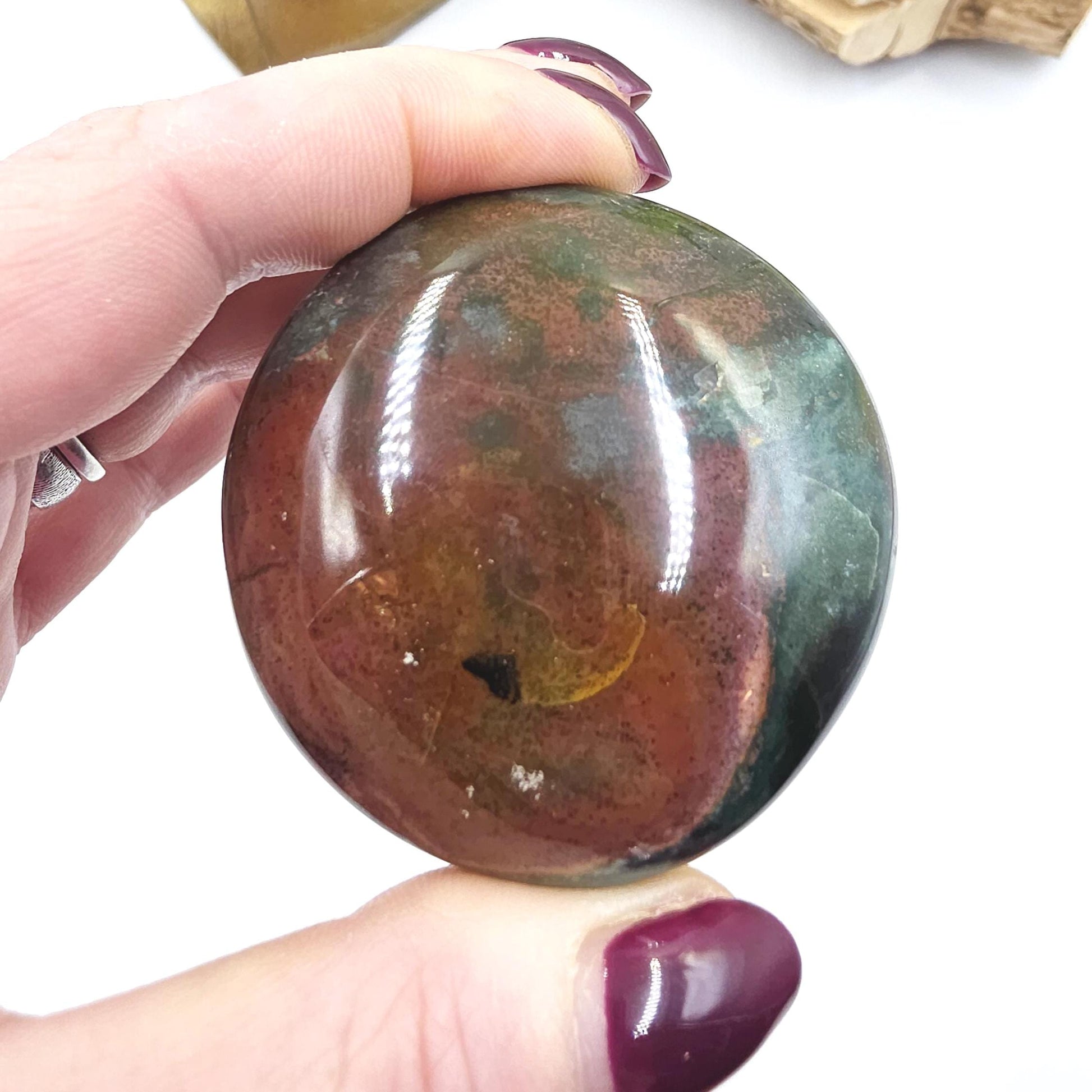 Large Round Ocean Jasper Palm Stone – Emotional Balance, Nurturing & Earth–Ocean Healing Crystal, 120g